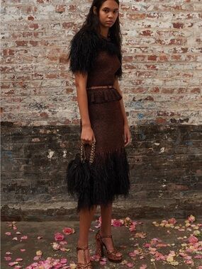 Michael Kors Collection Brown Feather-Trim Knit Midi Dress